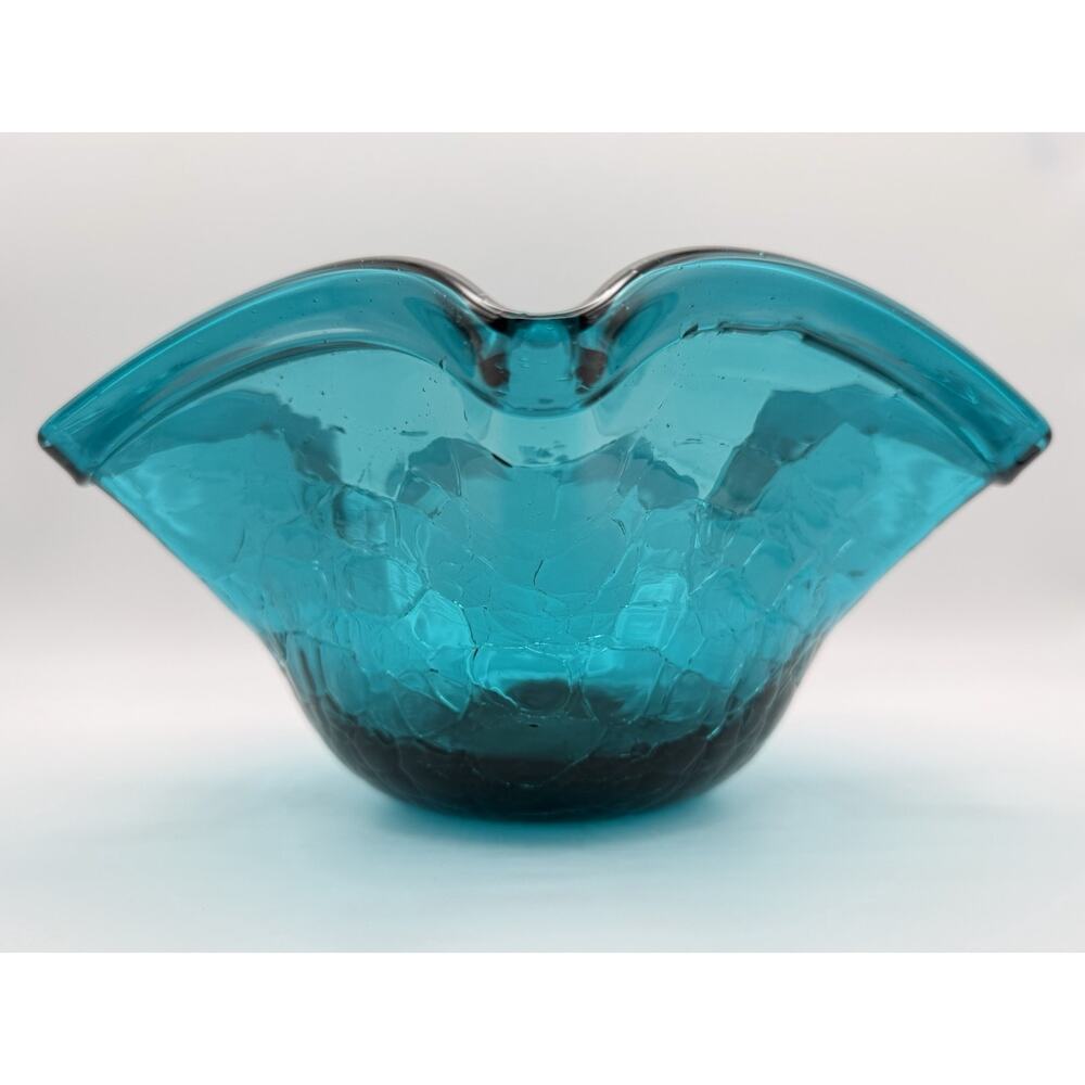 Blenko Cerulean Blue Crackle Art Glass Ruffled Bowl 9” Signed Walter Blenko 2016